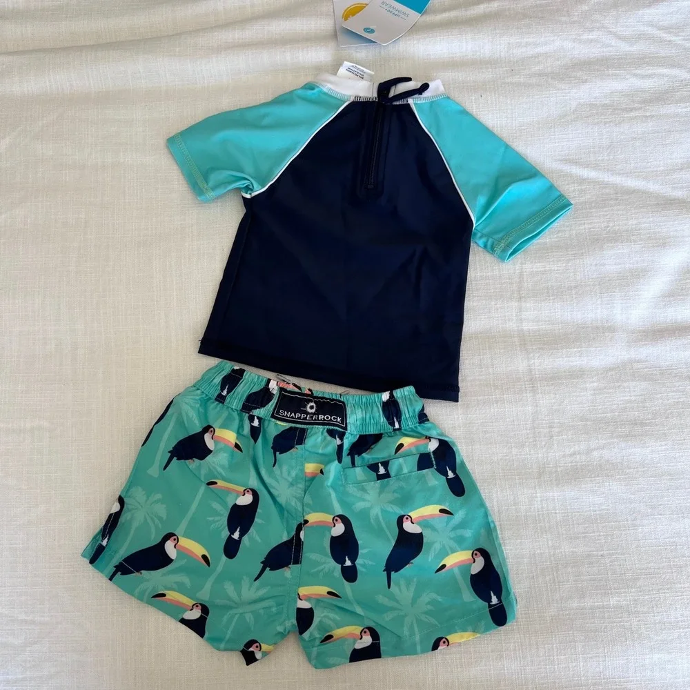 NWT Snapper Rock UPF 50+ Swim Set Toucan Print‎ Rash Guard & Shorts 3-6 Months